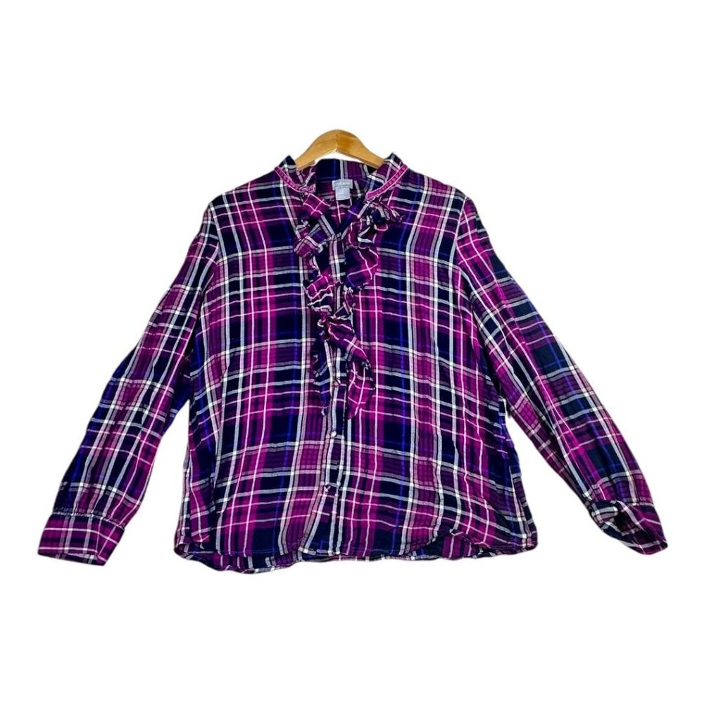 Chicos Plaid Ruffle Front Button Down Shirt size 12/14‎ Purple/ Black
